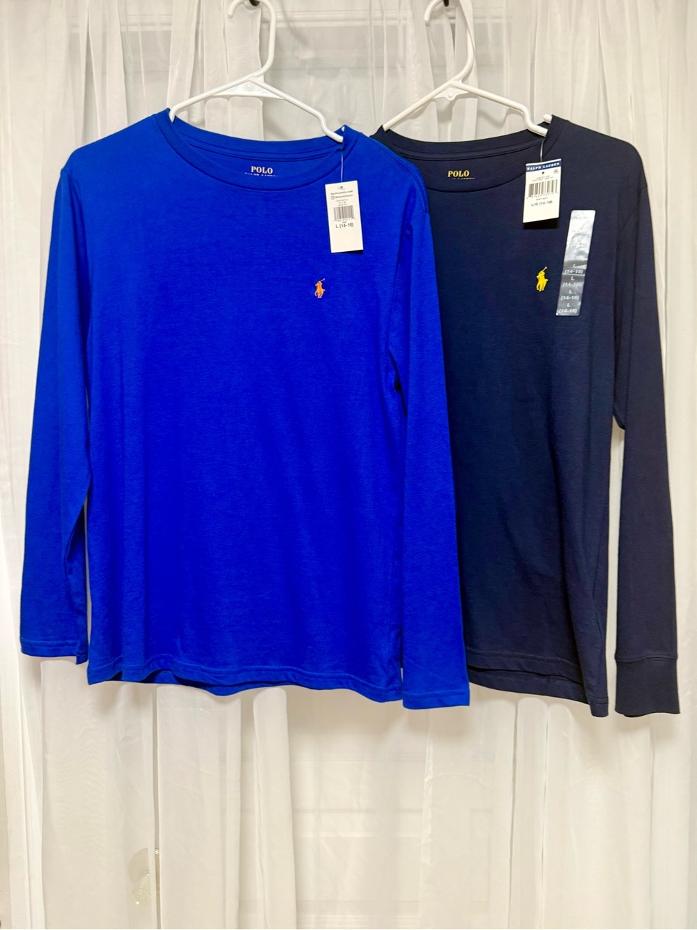 Two New Boys Polo by Ralph Lauren Long-Sleeve Tees in Royal Blue & Navy
